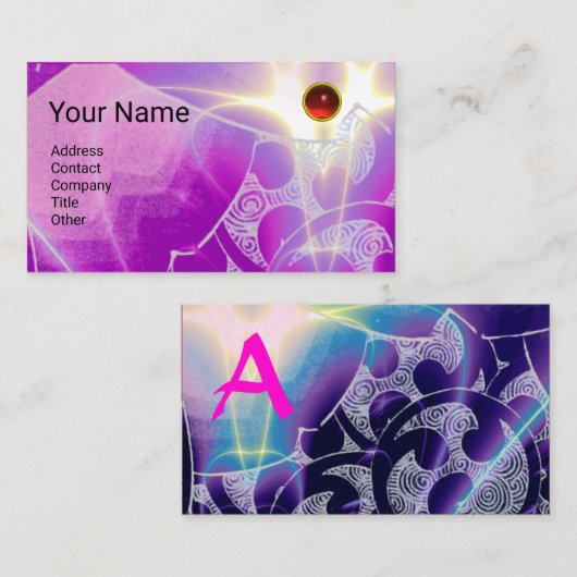 抽象芸術ブルーパープルピンク波赤ルビーモノグラム 名刺 (正面/裏面)