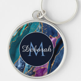 抽象芸術ブルーパープル金ゴールドアゲートモノグラム キーホルダー