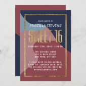 抽象芸術ブルーピモダンンク金ゴールドジオメトリスイート16 招待状 (正面/裏面)