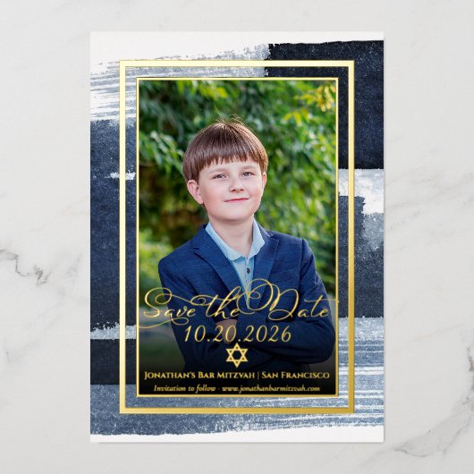 抽象芸術ブルーフォトバー(ユダヤ教の)バル・ミツバー日付を保存実在 箔招待状 (正面)