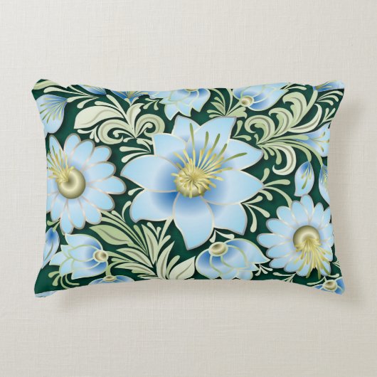 抽象芸術ブルーフローラオーナメント（緑） アクセントクッション (正面)