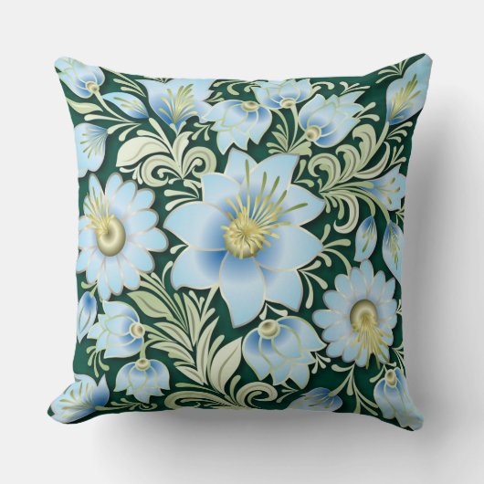 抽象芸術ブルーフローラオーナメント（緑） クッション (正面)