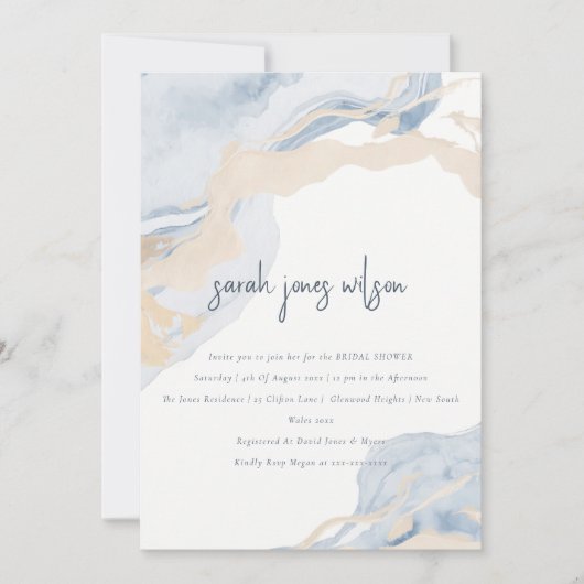 抽象芸術ブルーベージュシーサンドビーチブライダルシャワー 招待状 (正面)