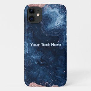 抽象芸術ブルーマーブルアートと金ゴールドグリッターアクセント iPhone 11 ケース