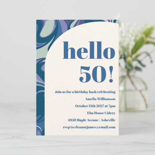 抽象芸術ブルーマーブルスワールスタイリッシュバースデーパーティー 招待状 (スタンド正面)