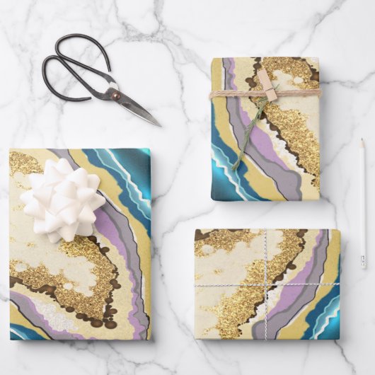 抽象芸術ブルーモダン金ゴールドアゲートジェードジェムストーン ラッピングペーパーシート (正面)