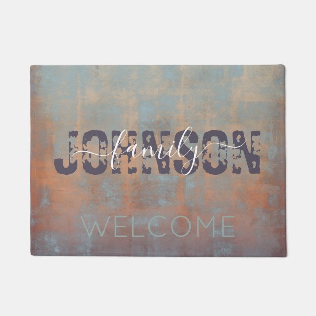 抽象芸術ブルーラストパープルラスティックファミリーモノグラム ドアマット (正面)