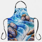 抽象芸術ブルー海ウェーブマーブルゲート金ゴールドアート エプロン (正面)