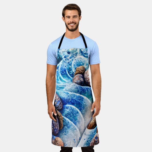 抽象芸術ブルー海ウェーブマーブルゲート金ゴールドアート エプロン (着用した状態)