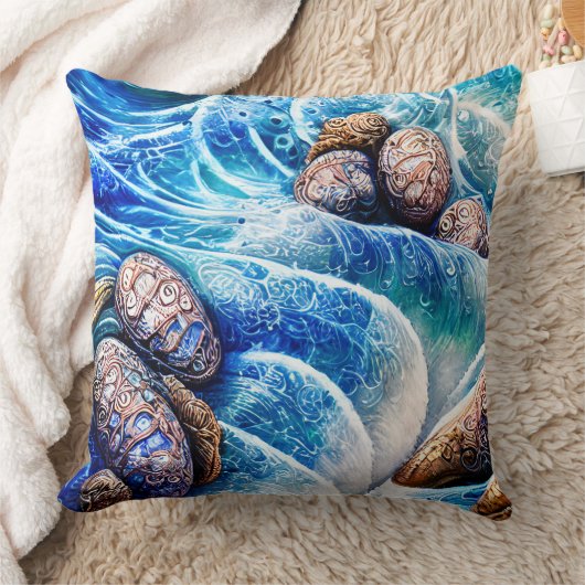 抽象芸術ブルー海ウェーブマーブルゲート金ゴールドアート クッション (ブランケット)