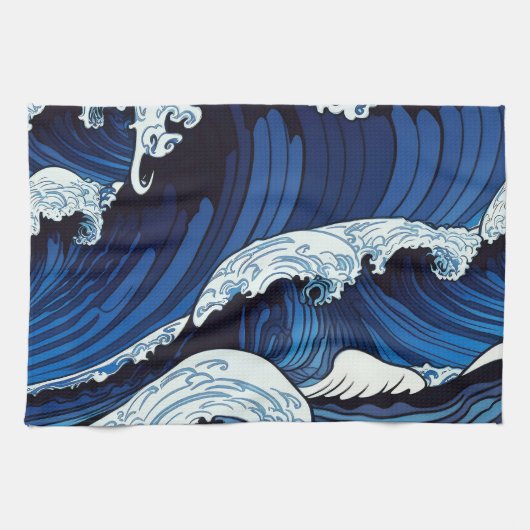 抽象芸術ブルー海波日本のスタイルアートワーク | キッチンタオル (横)