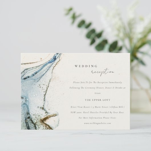 抽象芸術ブルー素朴金ゴールドビーチウェディングレセプション エンクロージャーカード (スタンド正面)