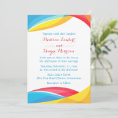 抽象芸術ブルー結婚ズレインボーウェーブレッド&イエロー 招待状 (スタンド正面)