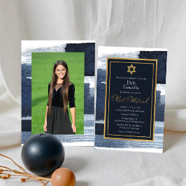 抽象芸術ブルー金箔フォトバルミツワー 招待状