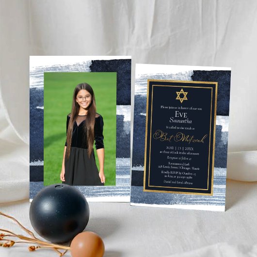 抽象芸術ブルー金箔フォトバルミツワー 招待状