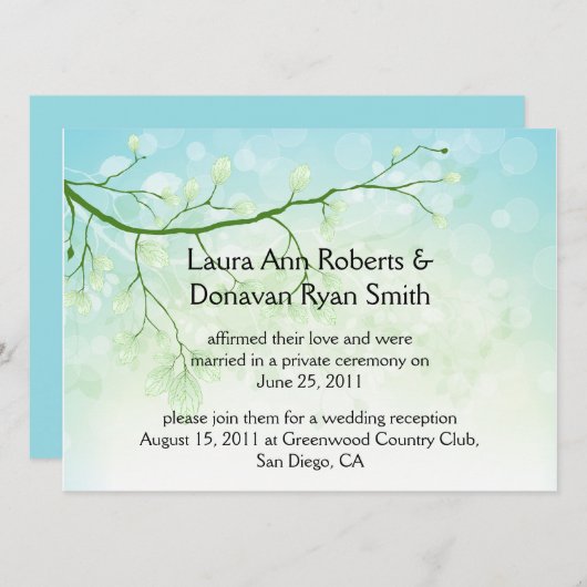 抽象芸術ブルー離れグリーン結婚式招待状 招待状 (正面/裏面)