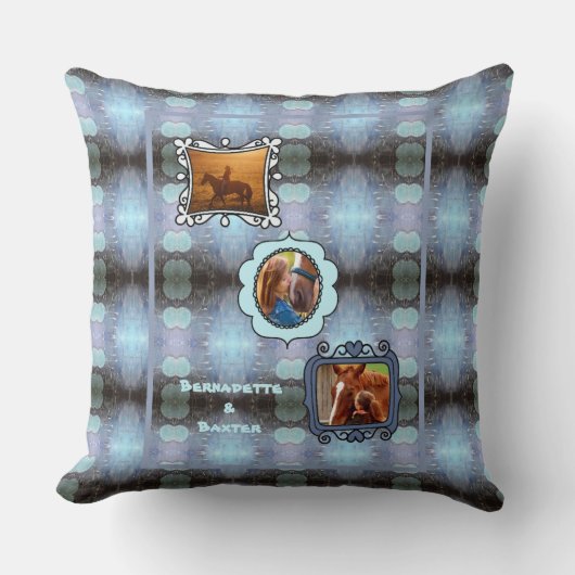 抽象芸術ブルー3フォトホースペットコラージュと名前 クッション (正面)