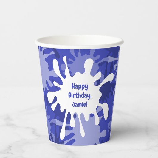 抽象芸術ブルー（ばちゃばちゃ）跳ねる絵画の誕生日パーティー 紙コップ (裏面)