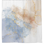 抽象芸術ブルー、トープと金ゴールド シャワーカーテン (正面)