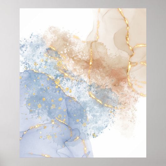 抽象芸術ブルー、トープと金ゴールド ポスター (正面)