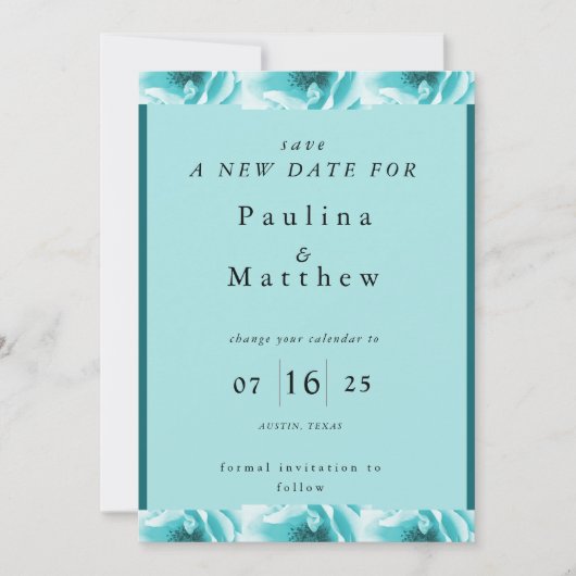 抽象芸術ブルー&ホワイト花模様日付の変更 招待状 (正面)