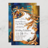 抽象芸術ブロンズ、金ゴールドブルーバロックスタイル 招待状 (正面/裏面)