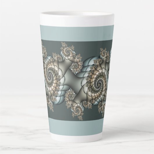 抽象芸術ベージュライトブルーフラクタルアートらせん状 カフェラテマグ (正面)