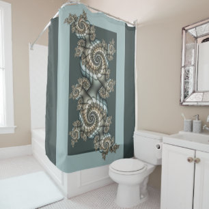 抽象芸術ベージュライトブルーフラクタルアートらせん状 シャワーカーテン