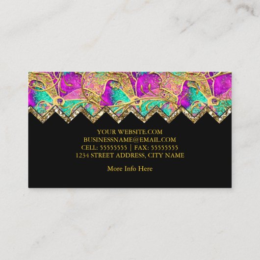 抽象芸術ホットピンクパープルティール（緑がかった色）金ゴールドブラック 名刺 (裏面)