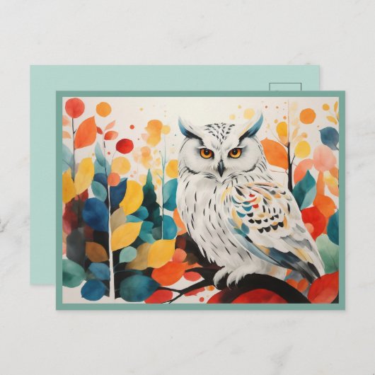 抽象芸術ホワイトフクロウカラフルオンフォレストツリーブランチ ポストカード (正面/裏面)