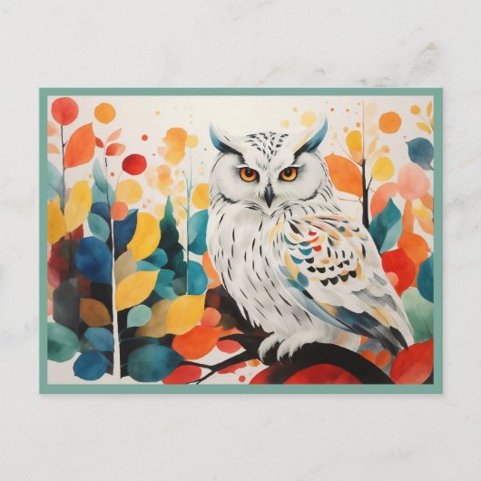 抽象芸術ホワイトフクロウカラフルオンフォレストツリーブランチ ポストカード (正面)