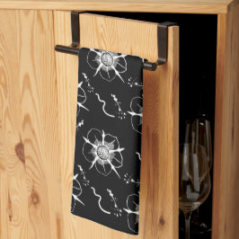 抽象芸術ホワイトラインアート花オンブラック キッチンタオル