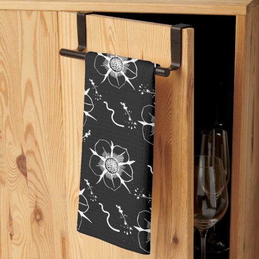 抽象芸術ホワイトラインアート花オンブラック キッチンタオル (三つ折り)