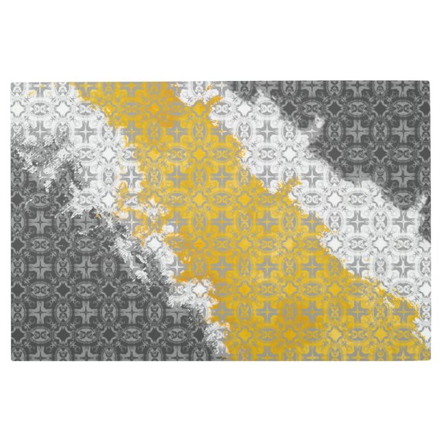 抽象芸術ホワイト、グレー、マスタードイエローヴィンテージ メタルプリント (正面)