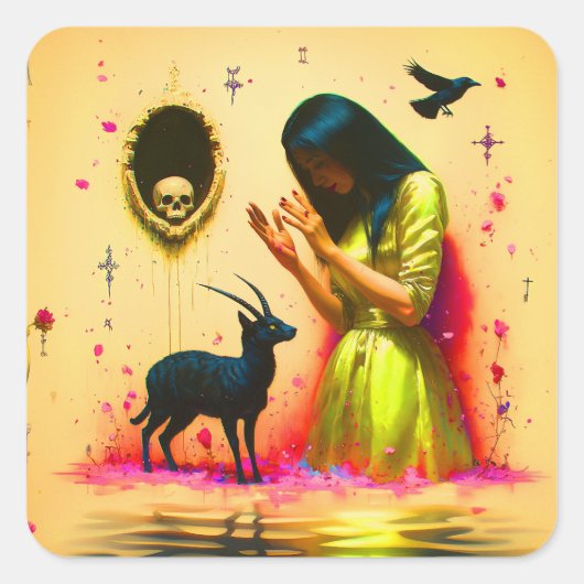 抽象芸術ホーン猫スカルオカルトダークウィッチーAIアート スクエアシール (正面)