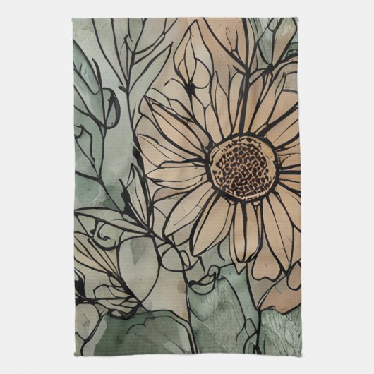 抽象芸術ボホフローラセージとベージュ キッチンタオル (縦)