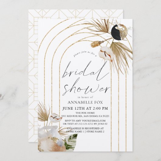抽象芸術ボホ金ゴールドアーチズブライダルシャワー 招待状 (正面/裏面)