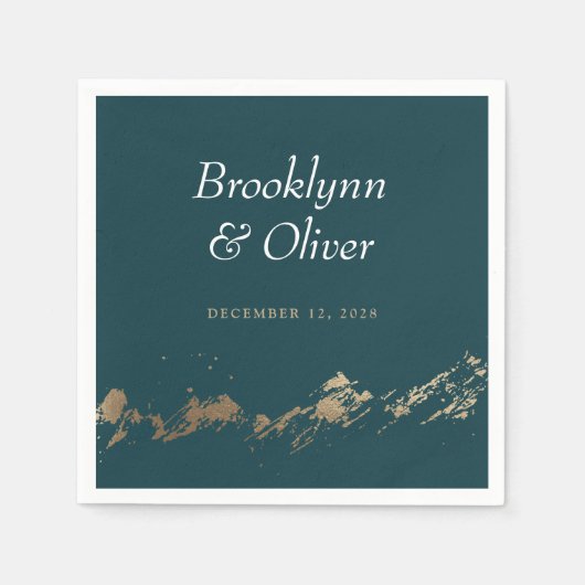 抽象芸術マウンテンズダークグリーン&金ゴールド日付を保存 スタンダードカクテルナプキン (正面)