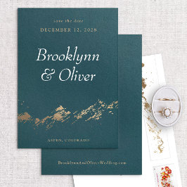 抽象芸術マウンテンズダークグリーン&金ゴールド日付を保存 セーブザデート