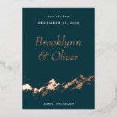 抽象芸術マウンテンズダークグリーン&金ゴールド日付を保存 箔招待状 (正面)