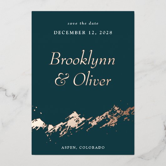 抽象芸術マウンテンズダークグリーン&金ゴールド日付を保存 箔招待状 (正面)