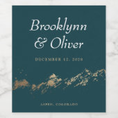 抽象芸術マウンテンズダークグリーン&金ゴールド結婚ズ日付 ワインラベル (シングルラベル)