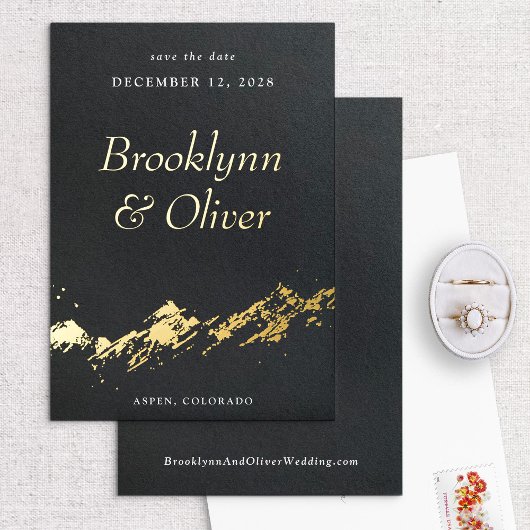 抽象芸術マウンテンズブラック&金ゴールド日付を保存 箔招待状