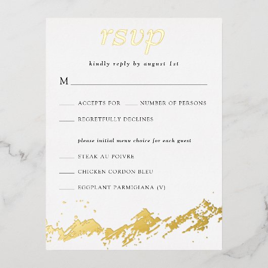 抽象芸術マウンテン金ゴールドオンホワイトウェディングRSVP 箔招待状ポストカード (正面)