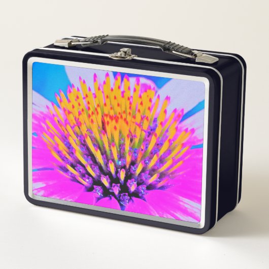 抽象芸術マクロのホットピンクとイエローコンフロアー メタルランチボックス (正面)