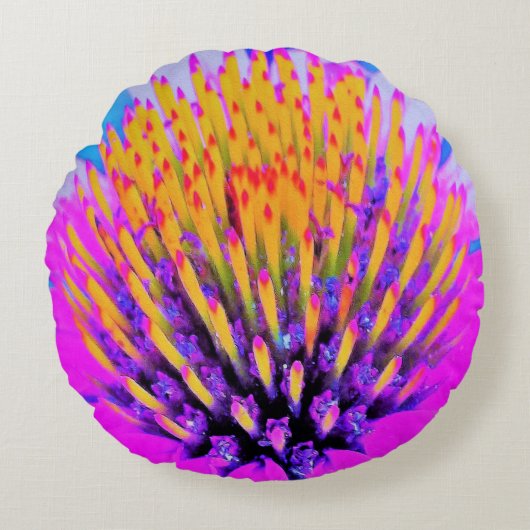 抽象芸術マクロのホットピンクとイエローコンフロアー ラウンドクッション (正面)