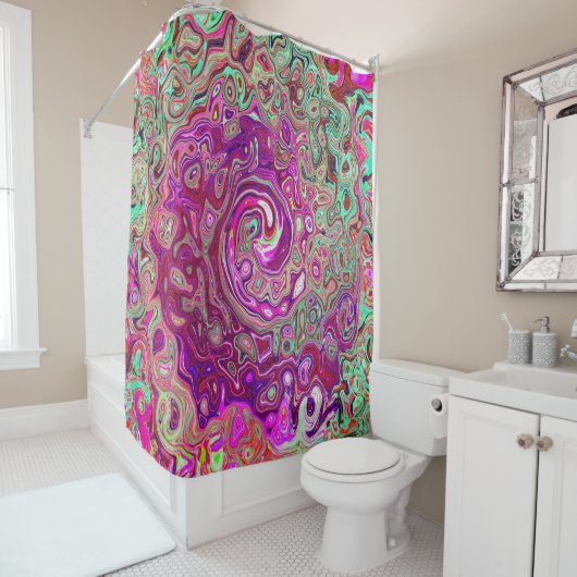 抽象芸術マゼンタおよびグリーンレトロ液スワール シャワーカーテン (インサイチュ)