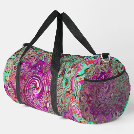 抽象芸術マゼンタおよびグリーンレトロ液スワール ダッフルバッグ (右コーナー)