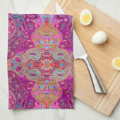 抽象芸術マゼンタピンク、青および赤のGroovyパターン キッチンタオル (四つ折り)