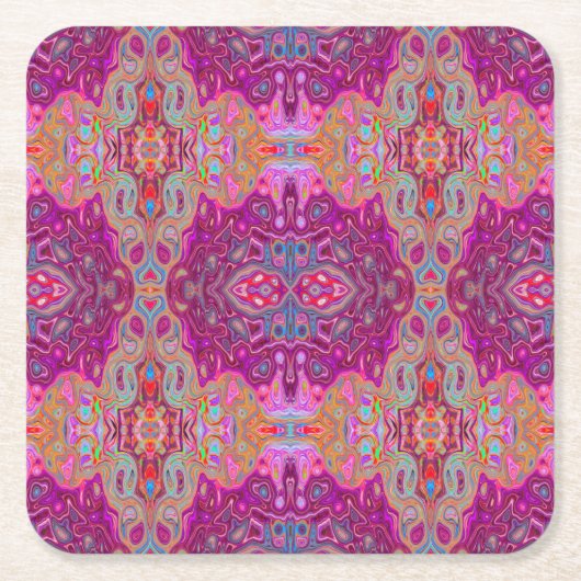 抽象芸術マゼンタピンク、青および赤のGroovyパターン スクエアペーパーコースター (正面)